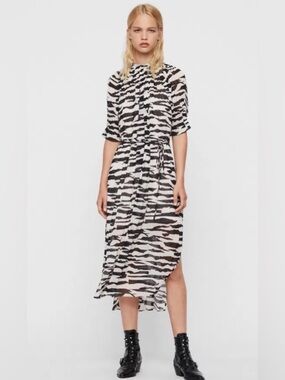 AllSaints Xena Zebra Print Tie Waist Midi Dress – Cream/Black (Size M)